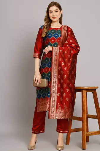 maroon jacquard festive kurta set