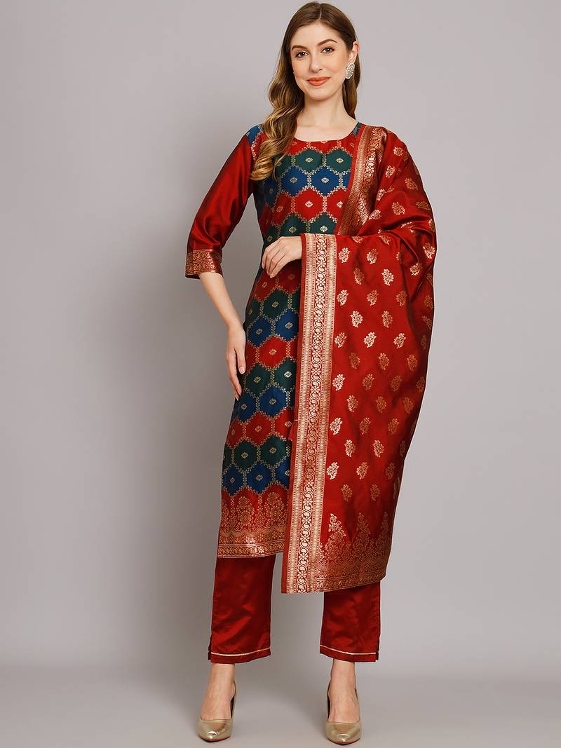 maroon jacquard festive kurta set