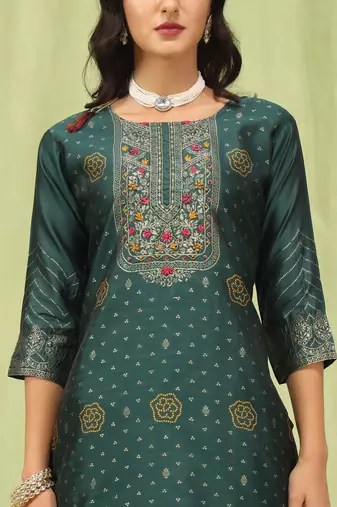 green jacquard festive kurta set