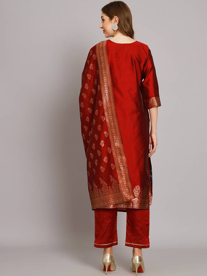 maroon jacquard festive kurta set