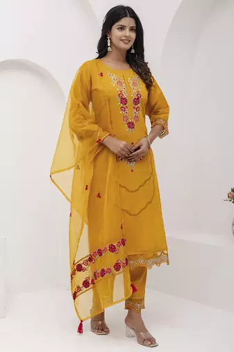 yellow viscose silk festive kurta set