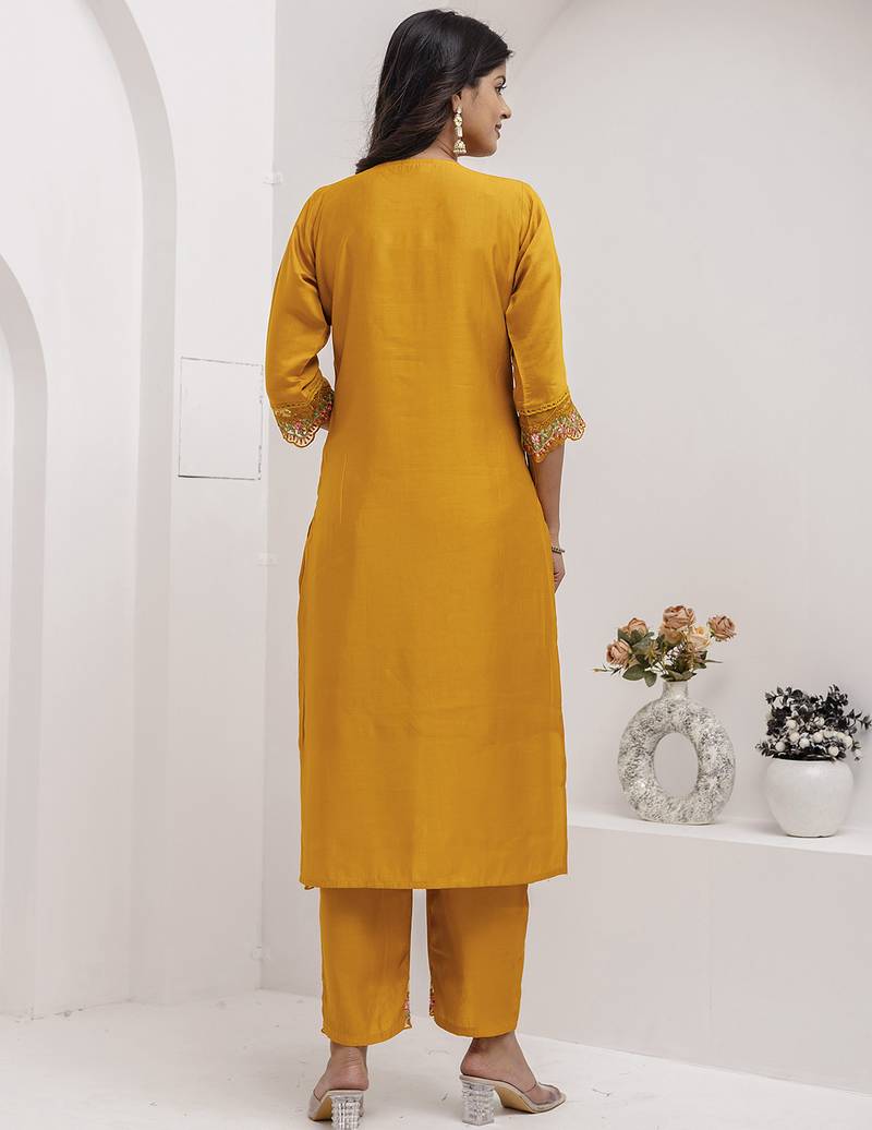 yellow viscose silk festive kurta set