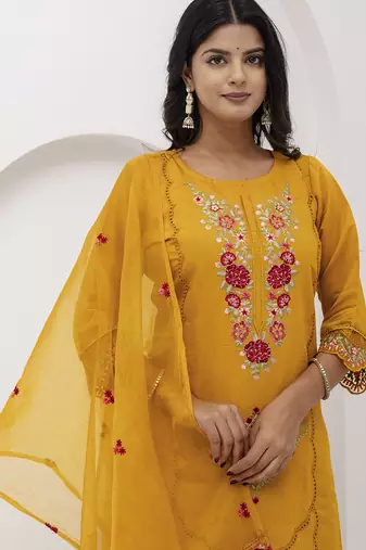 yellow viscose silk festive kurta set