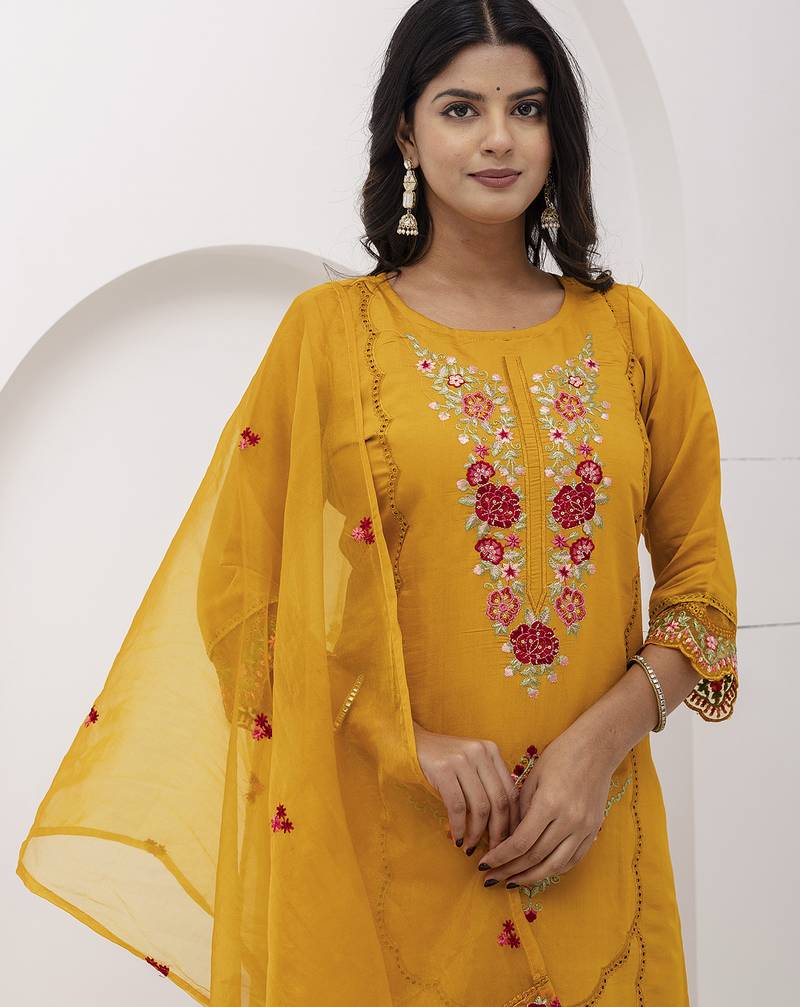 yellow viscose silk festive kurta set