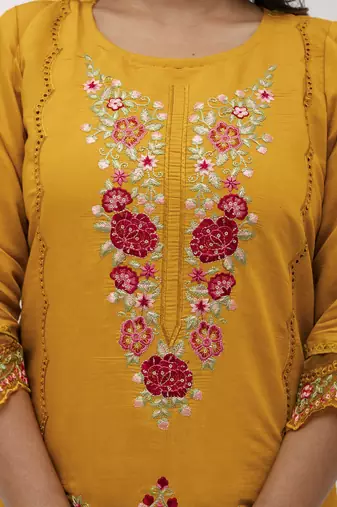 yellow viscose silk festive kurta set