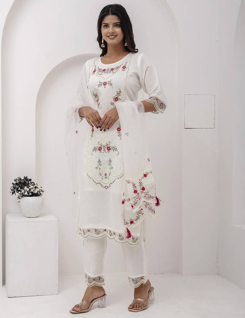white viscose silk festive kurta set