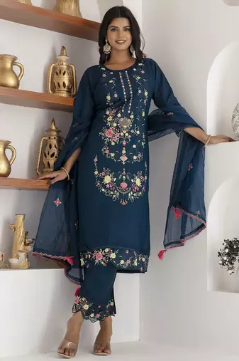 teal viscose silk festive kurta set