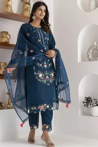 teal viscose silk festive kurta set