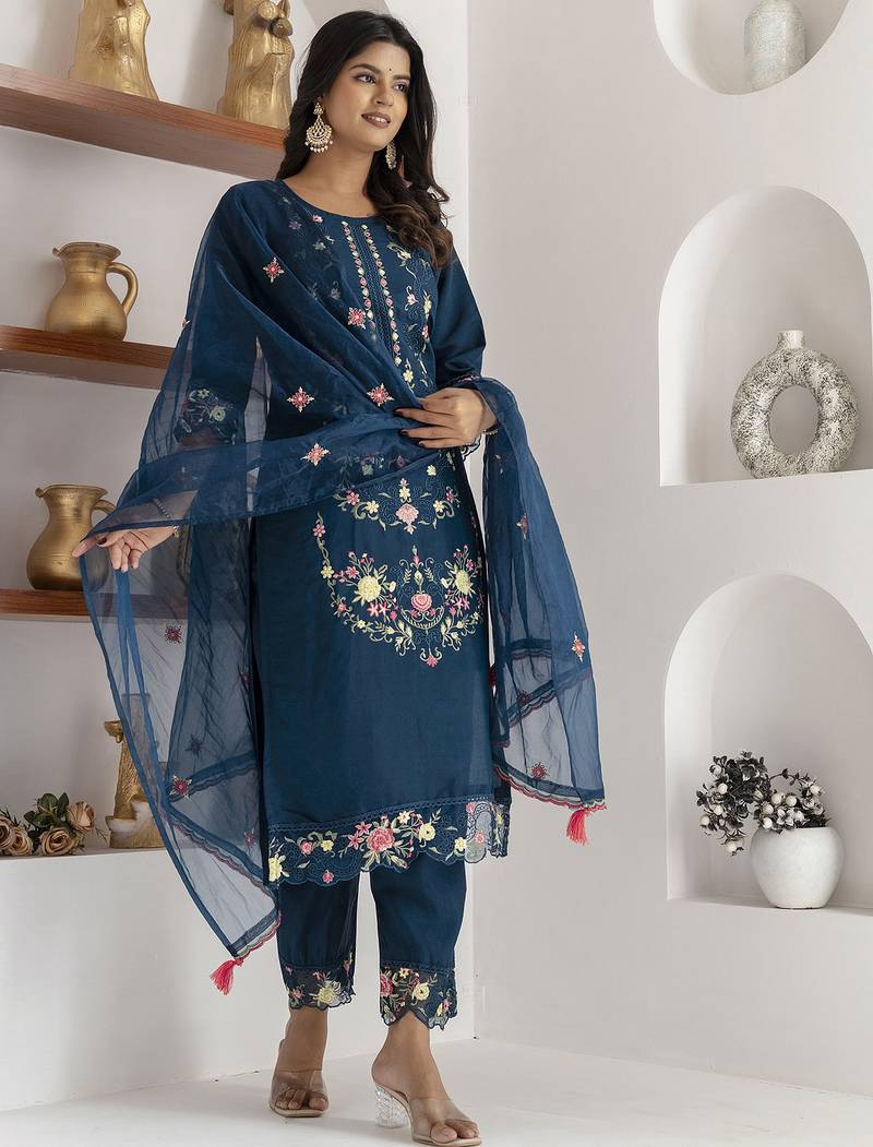 teal viscose silk festive kurta set