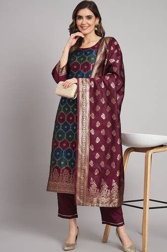 purple jacquard festive kurta set