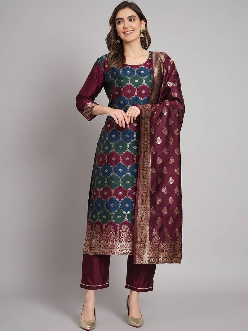 purple jacquard festive kurta set