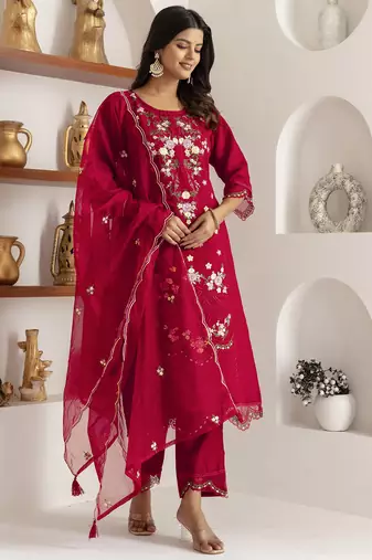 red viscose silk festive kurta set
