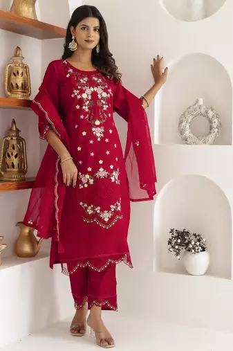 red viscose silk festive kurta set