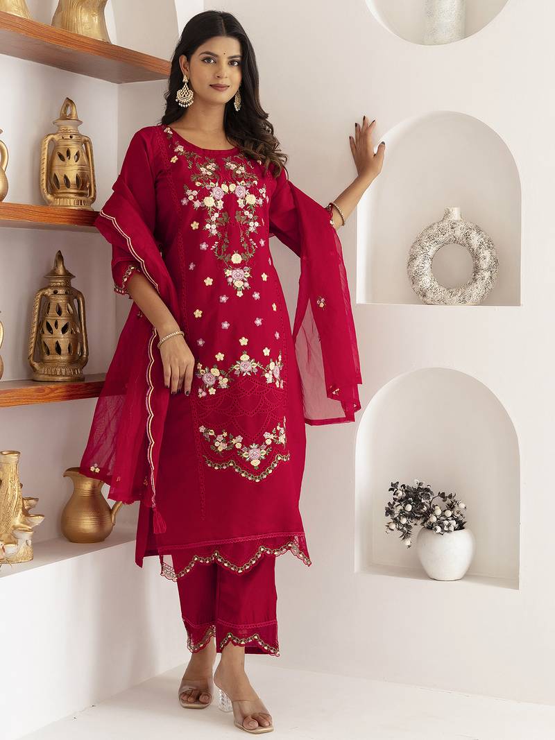 red viscose silk festive kurta set
