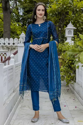 teal chanderi silk festive kurta set