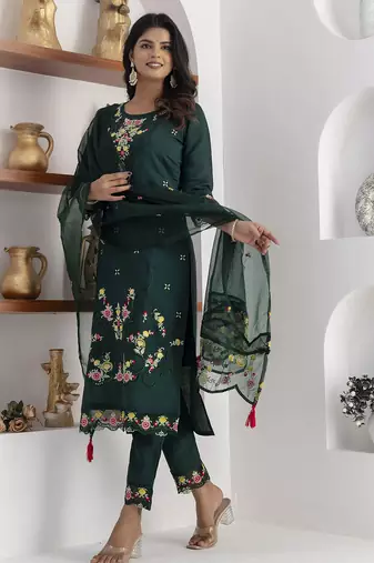 green viscose silk festive kurta set