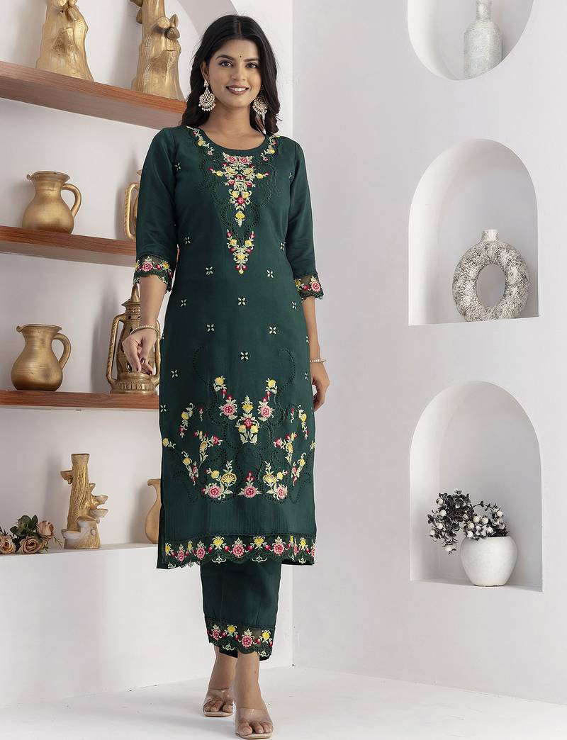 green viscose silk festive kurta set
