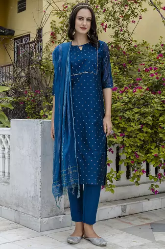 teal chanderi silk festive kurta set