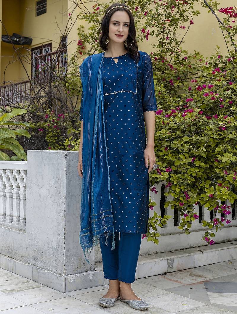 teal chanderi silk festive kurta set