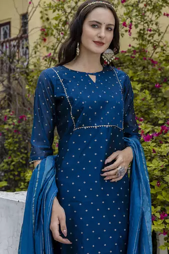 teal chanderi silk festive kurta set