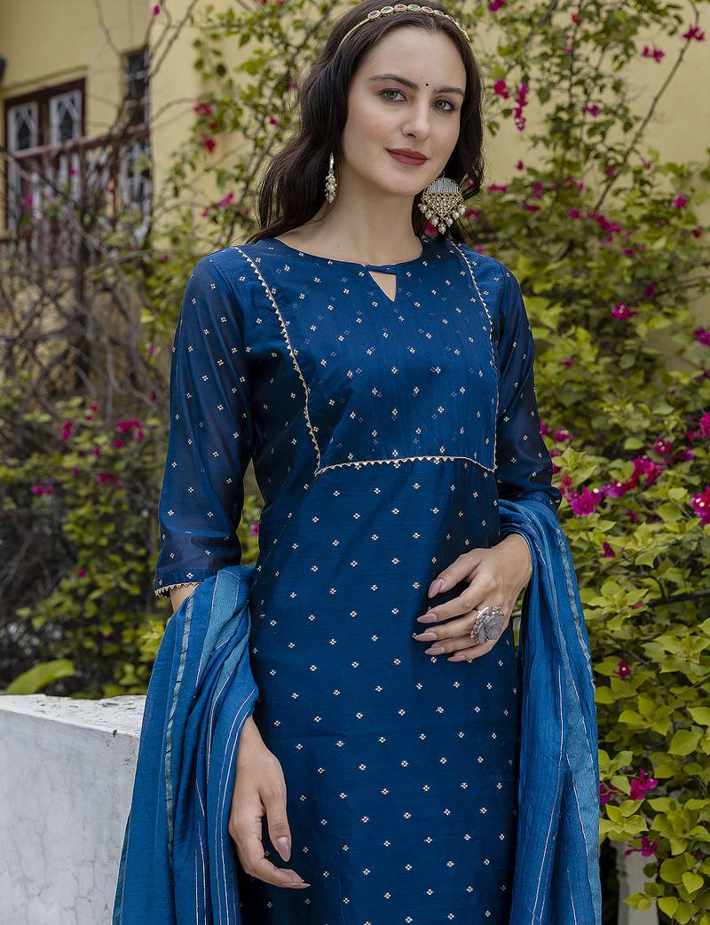 teal chanderi silk festive kurta set