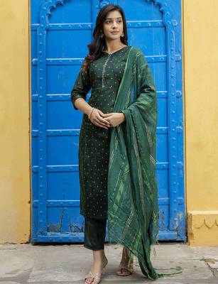 green chanderi silk festive kurta set 1