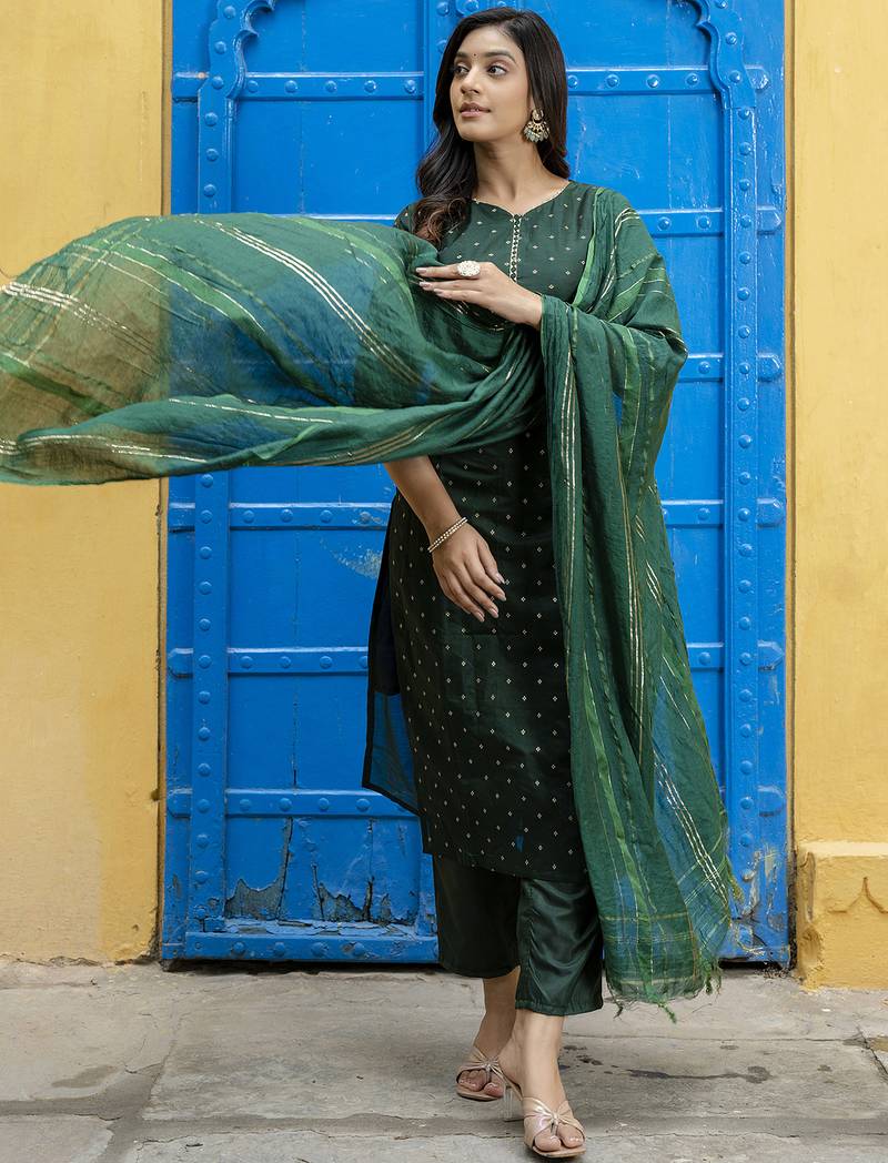 green chanderi silk festive kurta set
