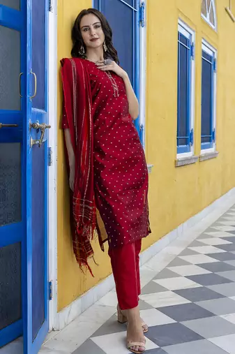 maroon chanderi silk festive kurta set