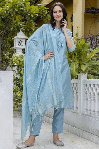 sky-blue chanderi silk festive kurta set