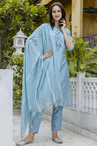 sky-blue chanderi silk festive kurta set