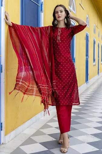 maroon chanderi silk festive kurta set