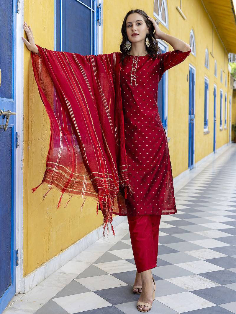 maroon chanderi silk festive kurta set
