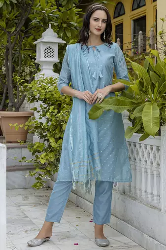 sky-blue chanderi silk festive kurta set