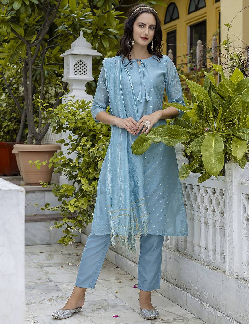 sky-blue chanderi silk festive kurta set