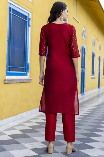 maroon chanderi silk festive kurta set