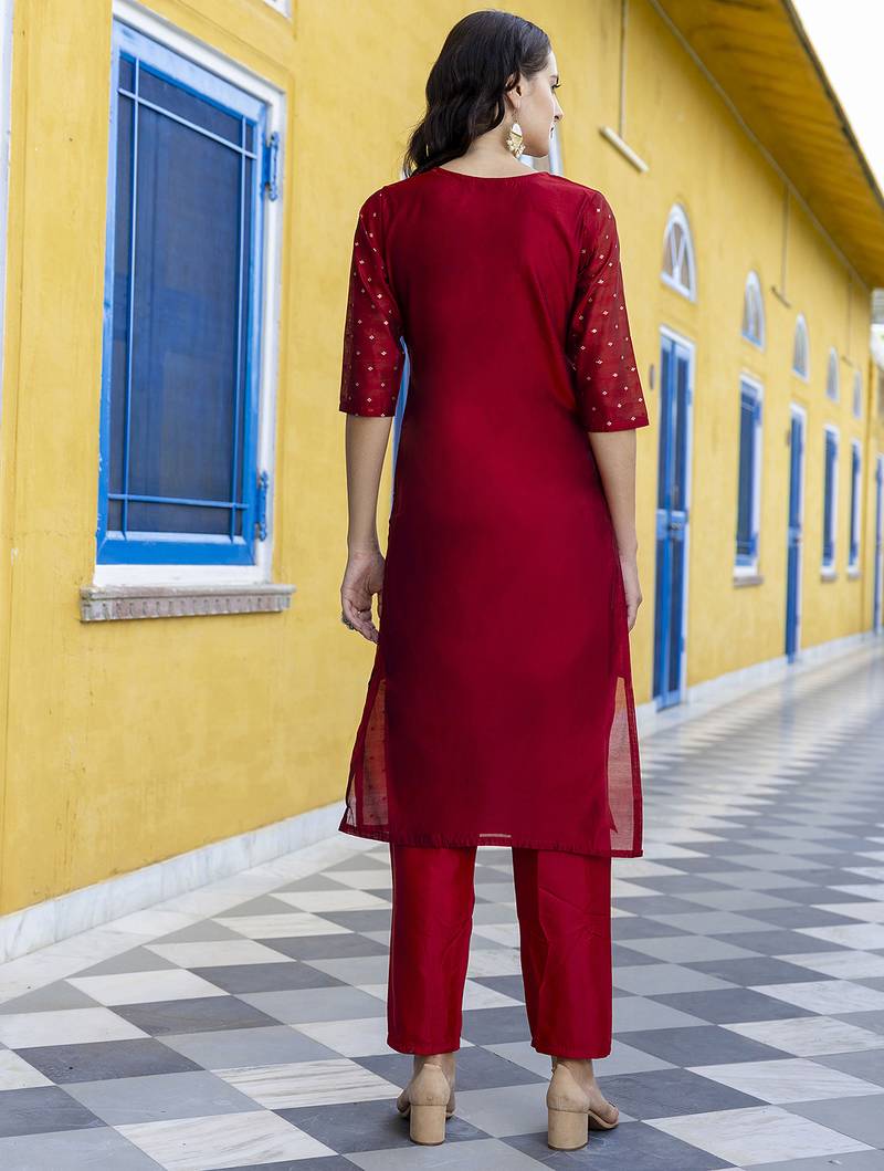 maroon chanderi silk festive kurta set