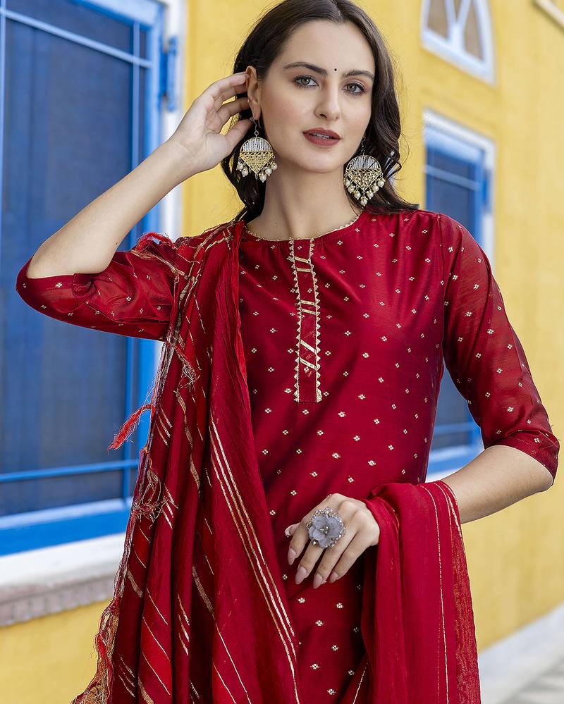 maroon chanderi silk festive kurta set