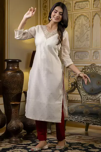 off-white shimmer silk festive wear long kurti