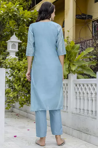 sky-blue chanderi silk festive kurta set