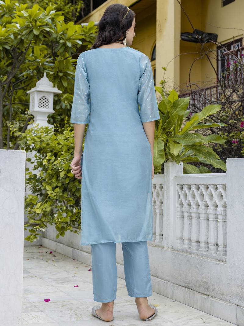 sky-blue chanderi silk festive kurta set