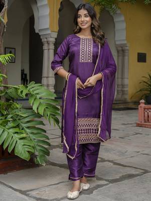 purple silk blend festive kurta set 1