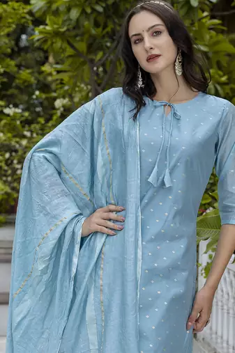 sky-blue chanderi silk festive kurta set