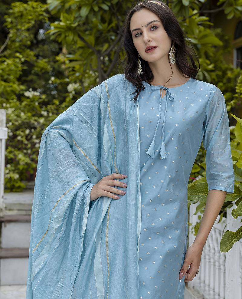 sky-blue chanderi silk festive kurta set