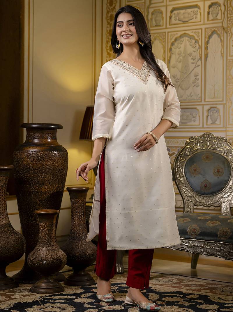 off-white shimmer silk festive wear long kurti