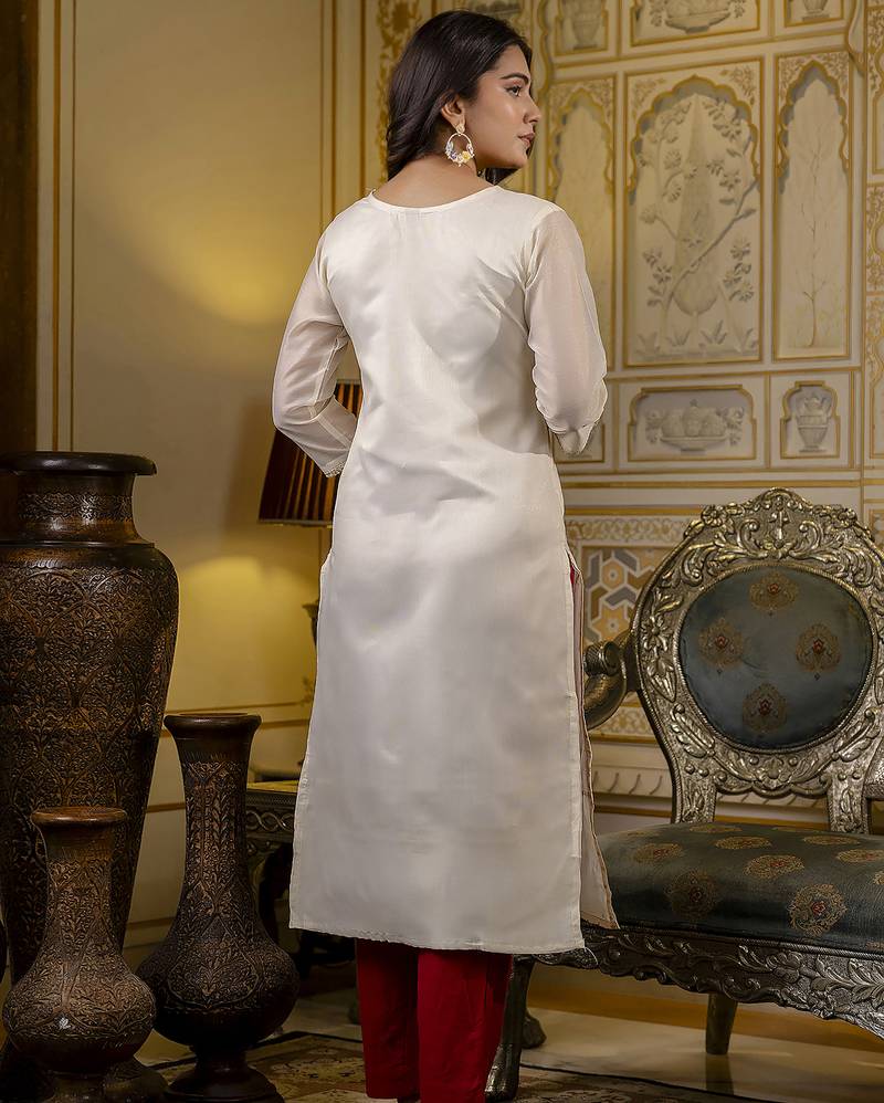 off-white shimmer silk festive wear long kurti