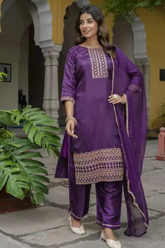 purple silk blend festive kurta set