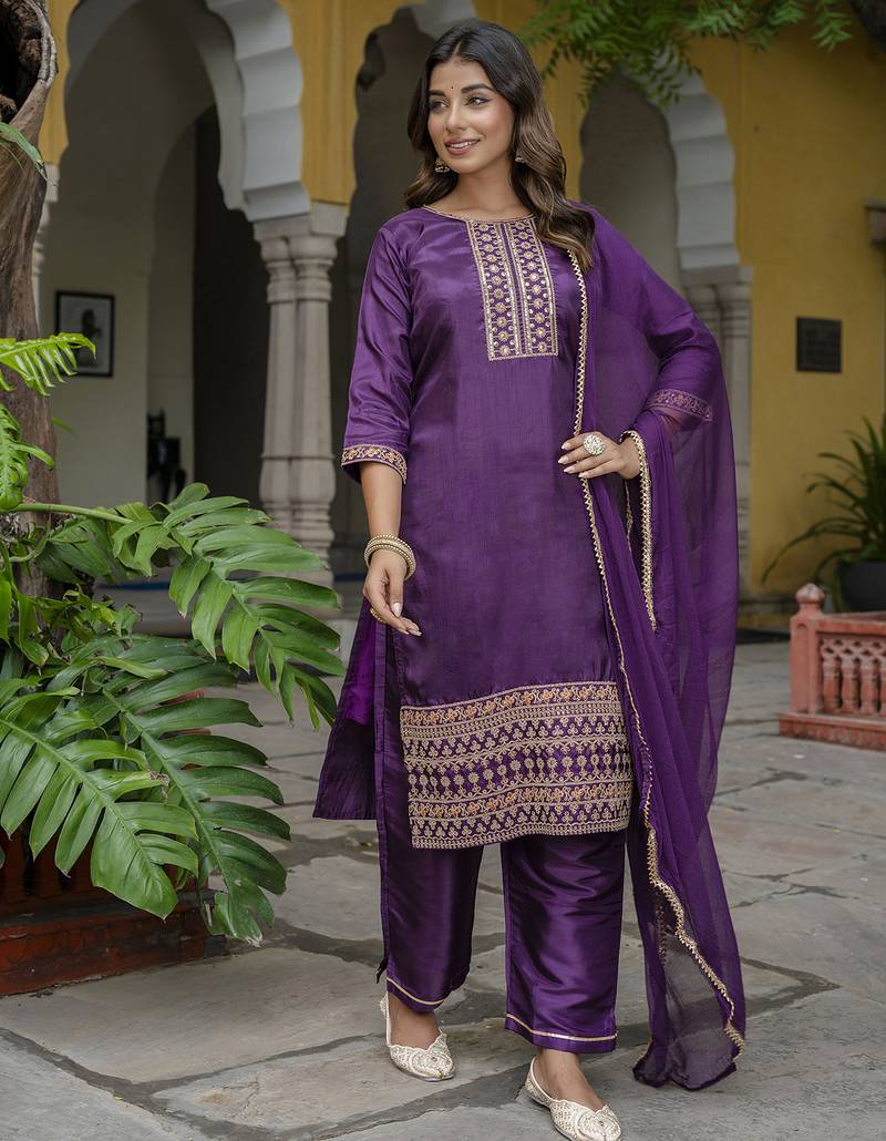 purple silk blend festive kurta set