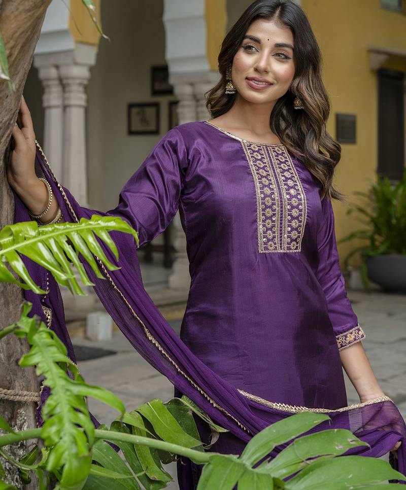 purple silk blend festive kurta set