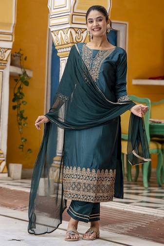 teal-green silk blend festive kurta set