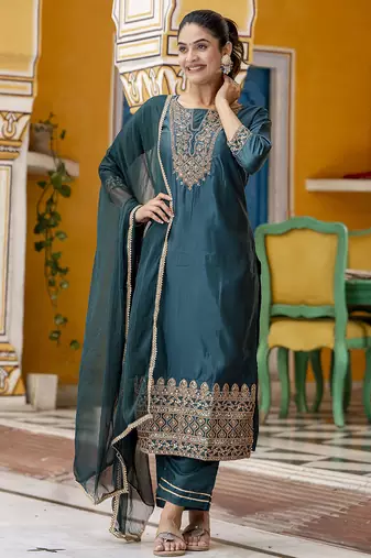 teal-green silk blend festive kurta set